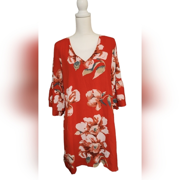 Summer Dress Cute V-Veck Bell Sleeve Shift Mini Red with Flowers Size XL - Picture 2 of 4